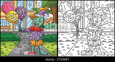 Zombie Clown with Balloons Coloring Illustration Stock Vector