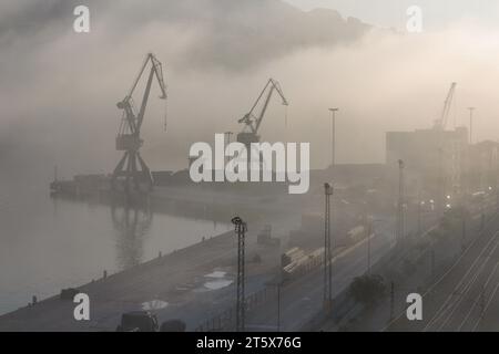 industrial area of the port of Pasaia (Spain) with port cranes in the morning fog Stock Photo