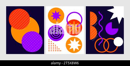 Brutalist posters set with abstract geometric shapes and naive grids. Brutal contemporary figure star oval spiral wave and other primitive elements. S Stock Vector