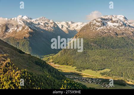 View from Muottas Muragl towards Pontresina and Val Roseg, Engadin, Switzerland Stock Photo