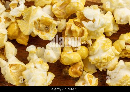 pile of popcorn, close-up, on a table Stock Photo