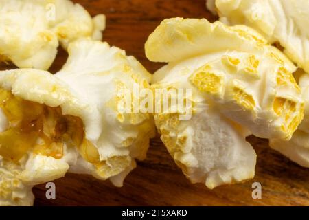 pile of popcorn, close-up, on a table Stock Photo