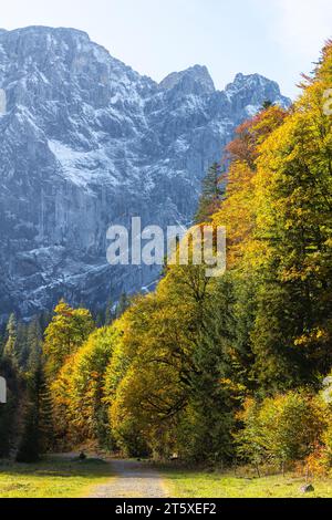 A touristic highlight, colorful autumn season in Engtal or Eng  Valley, Nature Park Karwendel, Tyrol, Austria, Europe Stock Photo