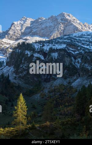 A touristic highlight, colorful autumn season in Engtal or Eng  Valley, Nature Park Karwendel, Tyrol, Austria, Europe Stock Photo