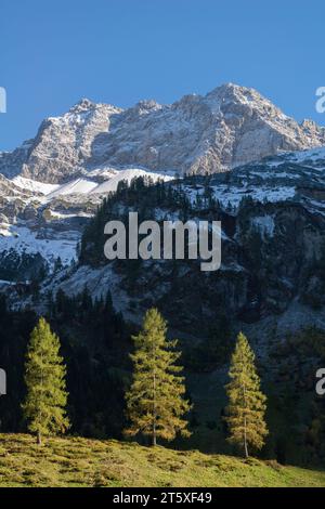 A touristic highlight, colorful autumn season in Engtal or Eng  Valley, Nature Park Karwendel, Tyrol, Austria, Europe Stock Photo