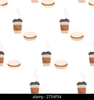 Hand drawn seamless pattern with tea coffee paper cup and macaroons. Sweet tasty dessert design Stock Vector