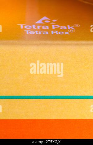 Tetra Pak close up detail on carton of Waitrose Orange juice with bits Stock Photo
