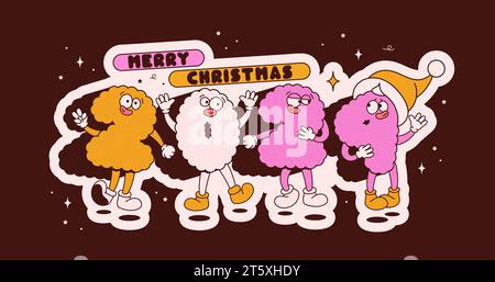 Christmas groovy mascot characters. 2024 happy noel letters on bordo background. Stock Vector