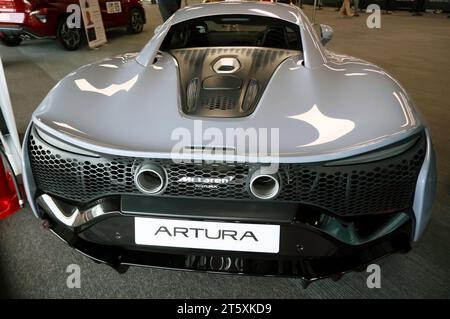 Rear view of a McLaren Artura, on display at the 2023 British Motor Show Stock Photo