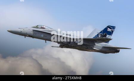 Another shot of a Finnish Air Force McDonnell Douglas F/A-18C Hornet twin-engine fighter/attack aircraft. First flight was in 1978, and it's still in Stock Photo