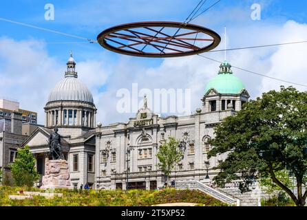 St Mark's Church and His Majesty's Theatre on Rosemount Viaduct.  Above is the Halo Light in the Union Terrace Gardens, Aberdeen, Scotland, UK Stock Photo