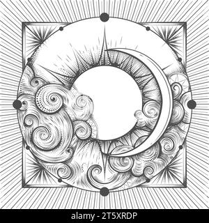 Hand Drawn Sun and Moon Esoteric Medieval Emblem isolated on white. Vector illustration Stock Vector