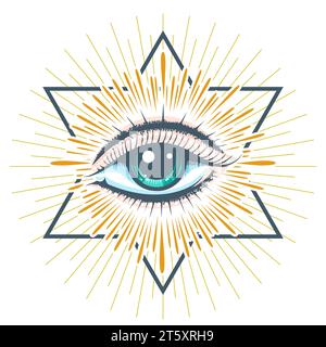 Colored Emblem of Masonic Symbol All seeing Eye of Providence isolated on white. Vector illustration Stock Vector