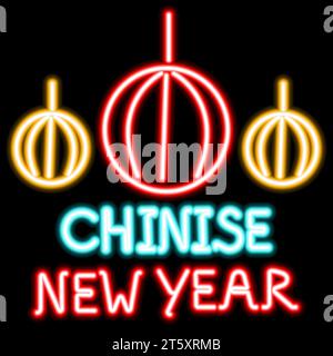 Chinese New Year with neon moon lanterns on a black screen. Stock Vector