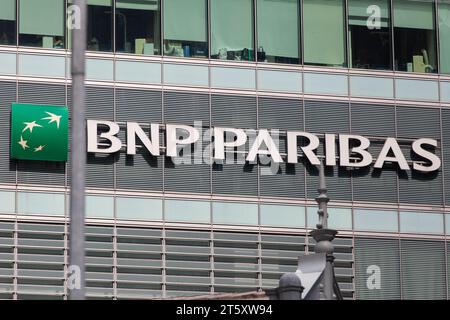 BNP Paribas signage and company logo on the exterior of a commercial building to get attention from people outside. Singapore. Stock Photo