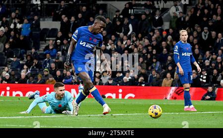 London, UK. 06th Nov, 2023. Nicolas Jackson of Chelsea scores his teams 4th goal. Premier League match, Tottenham Hotspur v Chelsea at the Tottenham Hotspur Stadium in London on Monday 6th November 2023 . this image may only be used for Editorial purposes. Editorial use only pic by Sandra Mailer/Andrew Orchard sports photography/Alamy Live news Credit: Andrew Orchard sports photography/Alamy Live News Stock Photo