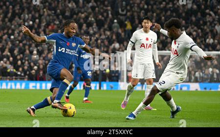 London, UK. 06th Nov, 2023. Raheem Stirling of Chelsea in action (l). Premier League match, Tottenham Hotspur v Chelsea at the Tottenham Hotspur Stadium in London on Monday 6th November 2023 . this image may only be used for Editorial purposes. Editorial use only pic by Sandra Mailer/Andrew Orchard sports photography/Alamy Live news Credit: Andrew Orchard sports photography/Alamy Live News Stock Photo