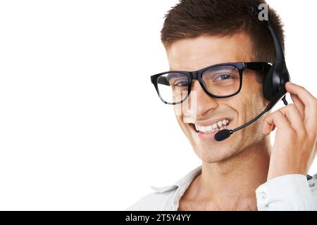 Man, smile and headset for telecommunication in studio for call centre mockup on white background in portrait. Male agent, glasses and happy for Stock Photo