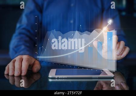 Financial chart showing growing revenue, high performance, successful strategy. Business analytics showing increase in sales, productivity or investme Stock Photo