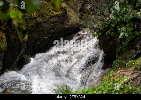 Rapid and powerful water flow between large rocks in cold mountain river, close-up Stock Photo