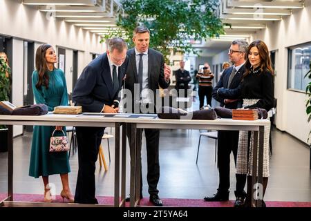 King Felipe and Queen Letizia of Spain, Crown Prince Frederik and Crown Princess Mary are shown artefacts of Spanish interest by Professor Morten Rievers Heiberg at the University of Copenhagen in Copenhagen, Tuesday 7 November 2023. The Spanish royal couple is on a three-day state visit to Denmark. During the visit to the university, the royals will, among other things, greet professors and see the book 'El Libro de Los Epitomes' (The Book of Books). The book dates from the 16th century and contains a description of around 2, 000 books from a library belonging to Hernando Colón, son of Christ Stock Photo