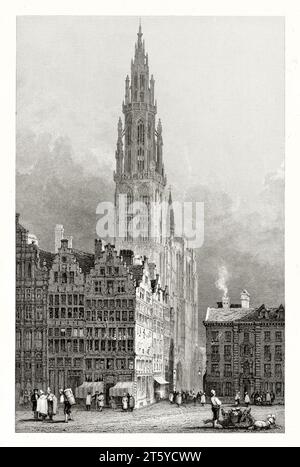 Old view of Antwerp, Belgium: street scene and Cathedral tower. By Prout, publ. In London, 1831 Stock Photo