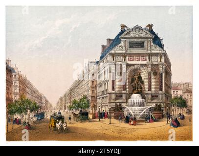 Old view of Fontaine Saint-Michel, Paris. By Rivière, publ. in Paris, ca 1875 Stock Photo