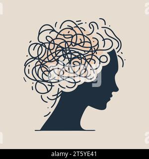 anxiety stressed confused and strain of head with round scribbles vector feeling and thoughts, unhappy human, headache, tension scared woman mental Stock Vector