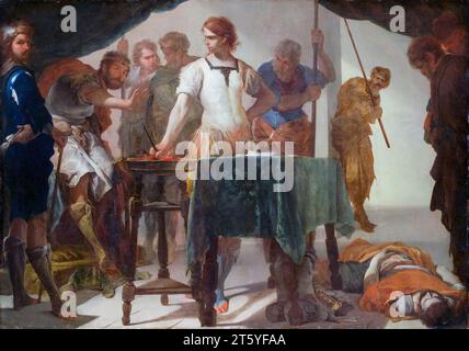 Bernardo Cavallino, Mucius Scaevola confronting King Porsenna, painting in oil on copper, circa 1650 Stock Photo