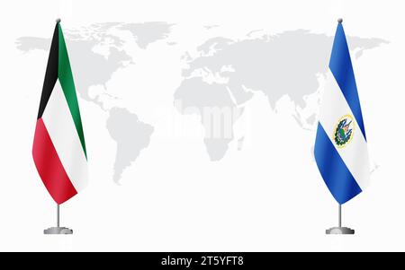 Kuwait and El Salvador flags for official meeting against background of world map. Stock Vector