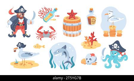 Childrens pirate set. Set of cartoon characters. Ship captain with hook and cocked hat. Octopus with a saber. Shark and seagull sailors, crab in vest, Stock Vector