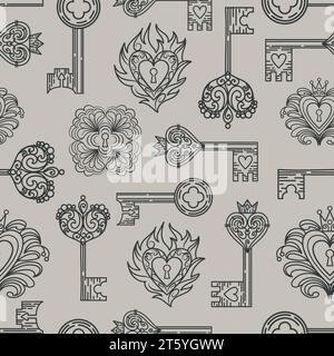 Vintage seamless pattern of keyholes and locks in Gothic style. Filigree, heart with crown, floral motif, leaves and herbs. Magical items, fantasy, bo Stock Vector