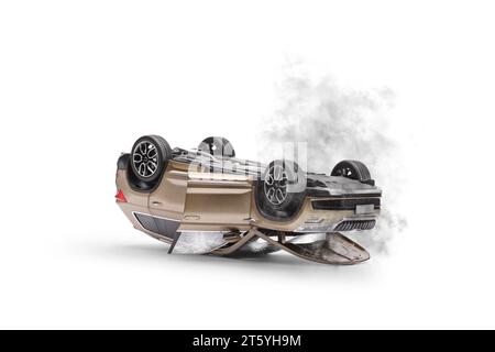 Car crash, upside down SUV with smoke and broken windows isolated on white background Stock Photo