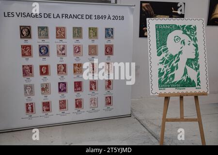 Boulazac, France. 07th Nov, 2023. Visit to the national stamp printing house Philaposte in Boulazac, southwestern France on November 7, 2023, prior to the unveiling ceremony of the new face of Marianne, the national personification of the French Republic, which will be depicted on French La Poste stamps. Photo by Stephane Duprat/Pool/ABACAPRESS.COM Credit: Abaca Press/Alamy Live News Stock Photo