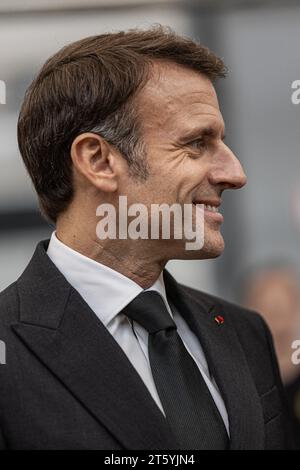 Boulazac, France. 07th Nov, 2023. French President Emmanuel Macron visits the national stamp printing house Philaposte in Boulazac, southwestern France on November 7, 2023, prior to the unveiling ceremony of the new face of Marianne, the national personification of the French Republic, which will be depicted on French La Poste stamps. Photo by Stephane Duprat/Pool/ABACAPRESS.COM Credit: Abaca Press/Alamy Live News Stock Photo