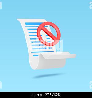 3D failed to print invoice or bill icon. 3d rendered failed payment symbol, no paper left for printing bill warning alert. Paper receipt icon vector render illustration. Vector illustration Stock Vector
