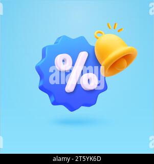 3d discount badge with percentage and yellow bell icon. 3d rendered price off label or tag symbol, isolated on background. Promotional advertising vector illustration. Vector illustration Stock Vector