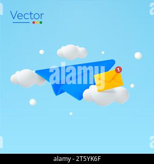 Sending message, unread letter or email poster, clipart template with flying paper plane, envelope, clouds, sky. 3d rendered incoming sms or email icon, isolated on background. Vector illustration. Vector illustration Stock Vector