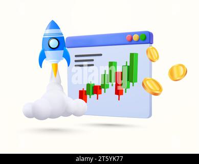 3d stock or crypto investment banner template with launching rocket, growing candle stick chart, golden coins, browser or application window. 3d rendered finance investment icon. isolated vector. Vector illustration Stock Vector