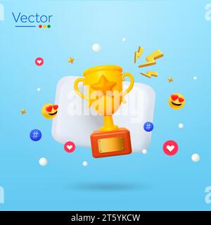 3d trophy on chat bubble or box, with emoticon, like and love icons, isolated on background. 3d rendered achievement flexing livestream symbol. Social media vector illustration icon. Vector illustration Stock Vector