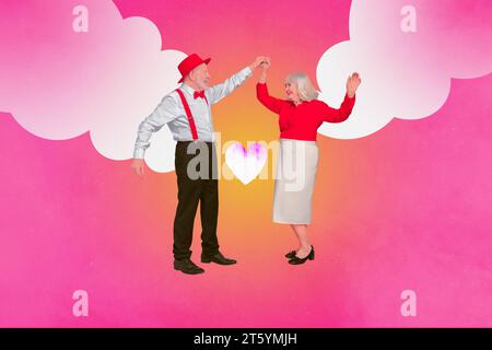 Artwork illustration collage of beautiful elderly couple pensioners dancing swinging isolated on drawing pink background Stock Photo