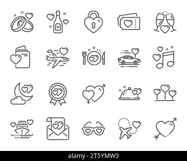 Honeymoon line icons. Wedding car, marriage rings, love. Bridal champagne, Valentine heart. Vector Stock Vector