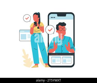 young Man and woman using mobile phone for communication. Vector illustration in flat cartoon style on white background. Stock Vector