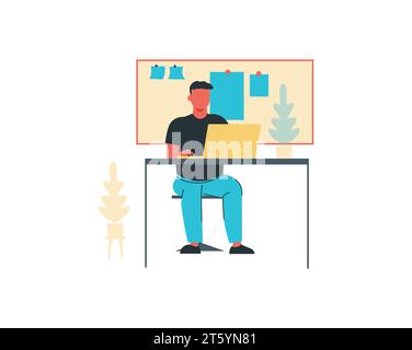 Man working on laptop at home. Vector illustration in flat style. Stock Vector