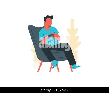 Video Game, Playing Online. Gamer With A Laptop Sits On A Big Joystick.  Young Guy Is Playing An Online Game. Vector Illustration Flat Design.  Isolated On White Background. Royalty Free SVG, Cliparts