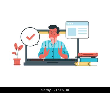 Man in glasses doing communication at the laptop screen. Flat vector for digital native illustration. Stock Vector
