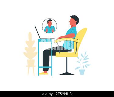 Young man sitting on chair and working on laptop. Flat vector illustration. Stock Vector