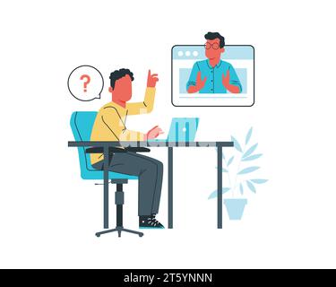a young man communicates via video call with a friend. Vector illustration in flat style Stock Vector