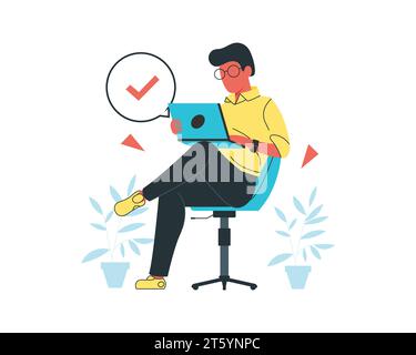 Young man sitting on chair and using laptop computer. Flat vector illustration. Stock Vector