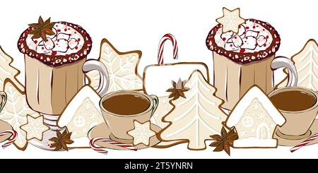Christmas gingerbread cookies and coffee cup seamless border. Christmas dessert and winter hot drink. Horizontal repeat hand drawn illustration in ske Stock Photo